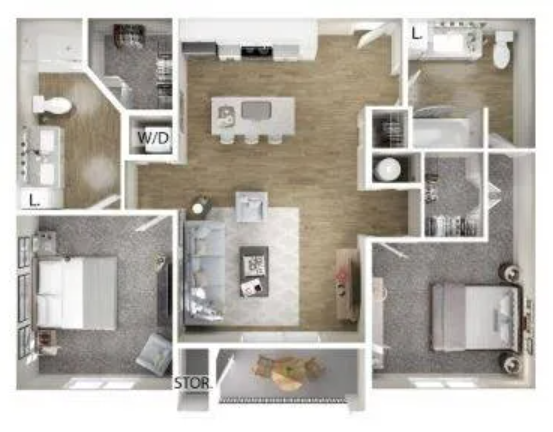 Floor plan for 2 beds, 2 baths, 1060 sqft